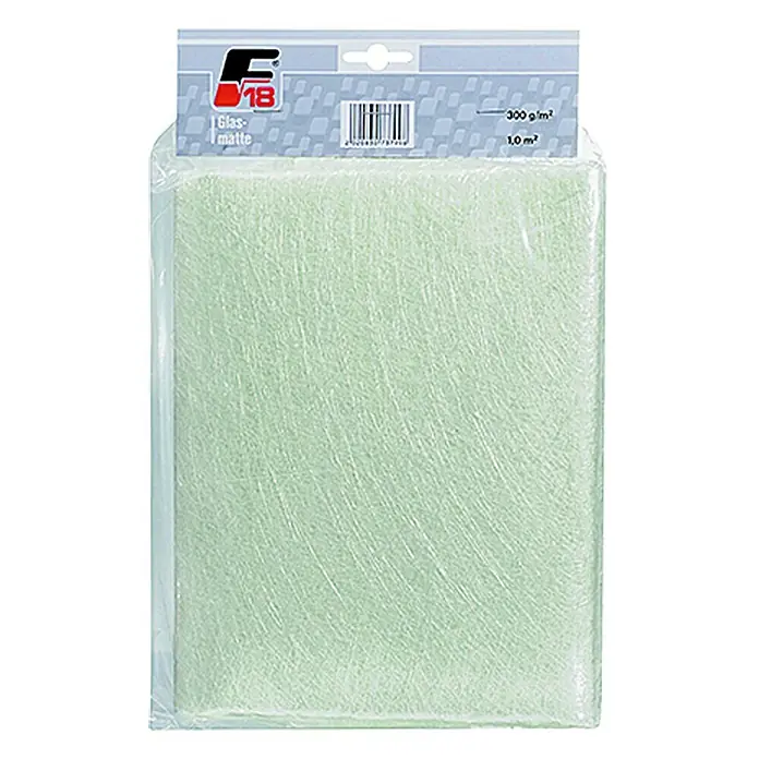 F18 Glasfaser-Gewebe - 300 g/m² - Produktabbildung einer Glasfasermatte, verpackt und etikettiert, mit Angaben zu Gewicht und Größe. Geeignet für Reparaturen und Modellbau.