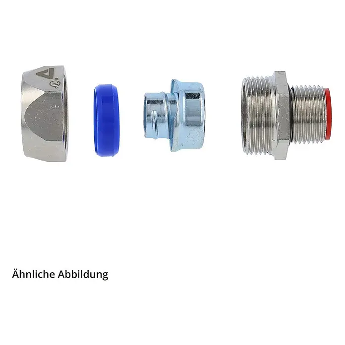 FLEXA EG-M Metallverschraubung gerade Gewinde M20x1,5 für | 21,0 -  - Zerlegte Komponenten einer Metallkabelverschraubung: Sechskantmutter, blauer Dichtring, Metalleinsatz und Gewindekörper mit roter Dichtung.