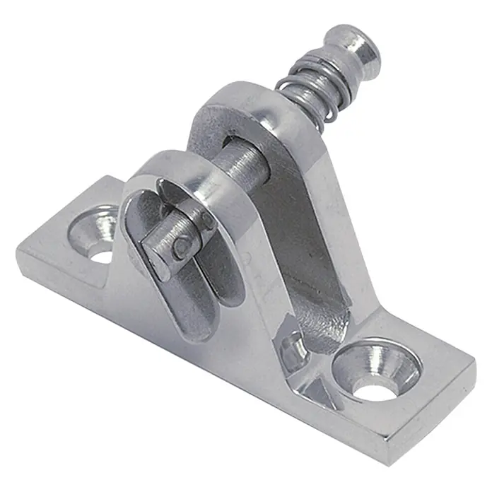 Marinetech Gabelplatte - 56 x 17 x 35 mm, Edelstahl, A4, Neigungswinkel: 80 ° - Nahaufnahme eines robusten, glänzenden Edelstahl-Scharniers mit Federbolzen, ideal für Marineanwendungen.