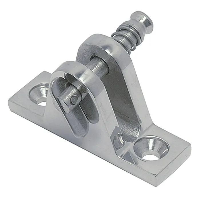 Marinetech Gabelplatte - 56 x 17 x 35 mm, Edelstahl, A4, Neigungswinkel: 80 ° - Nahaufnahme eines robusten, glänzenden Edelstahl-Scharniers mit Federbolzen, ideal für Marineanwendungen.