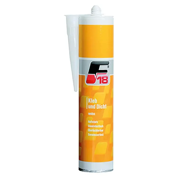 F18 Kleb- & Dichtstoff - Weiß, 310 ml - Abbildung einer Kartusche mit F18 Kleb- und Dichtstoff in Weiß, ideal für Bau- und Renovierungsprojekte, mit hoher Haftkraft und Seewasserbeständigkeit.