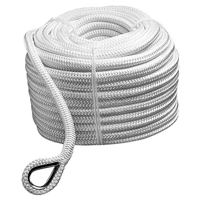 Robline Cuerda de amarre Poseidon - Ø x L: 10 mm x 50 m, Poliéster, Blanco - Primer plano de una cuerda blanca enrollada pulcramente con un ojal de metal, ideal para aplicaciones náuticas.