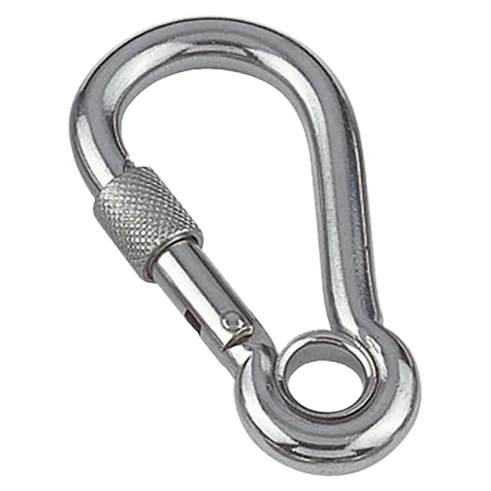 Karabinerhaken mit Sicherheitsmutter und Kausche - Ø x L: 13 x 80 mm, Bruchlast: 610 kg, Edelstahl, A4 - Diagonale Ansicht