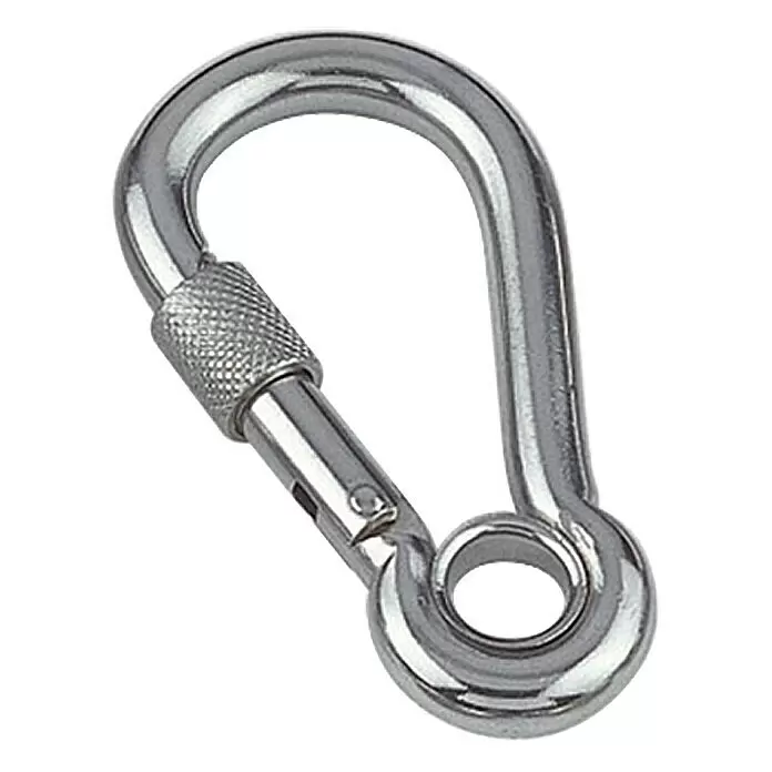 Karabinerhaken mit Sicherheitsmutter und Kausche - Ø x L: 13 x 80 mm, Bruchlast: 610 kg, Edelstahl, A4