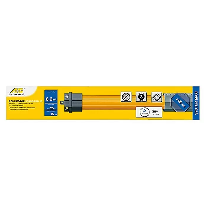 Schellenberg Motor tubular Maxi Standard - Superficie de persiana enrollable máx.: 6,2 m² para persianas de plástico, Longitud de instalación: 500 mm, Fuerza de tracción: 25 kg - Motor tubular naranja-amarillo Schellenberg para persianas enrollables Ø 60 mm.