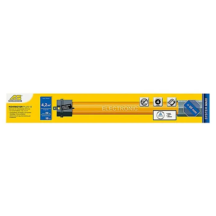 Schellenberg Motor tubular Maxi Plus - Superficie de persiana enrollable máx.: 4,2 m² para persianas de plástico, Longitud de instalación: 555 mm, Fuerza de tracción: 20 kg - Schellenberg Rohrmotor Plus 10: Motor tubular electrónico para persianas enrollables hasta 4,2m², fuerza de tracción 20kg, par 10Nm, System Maxi, Ø 60 mm.