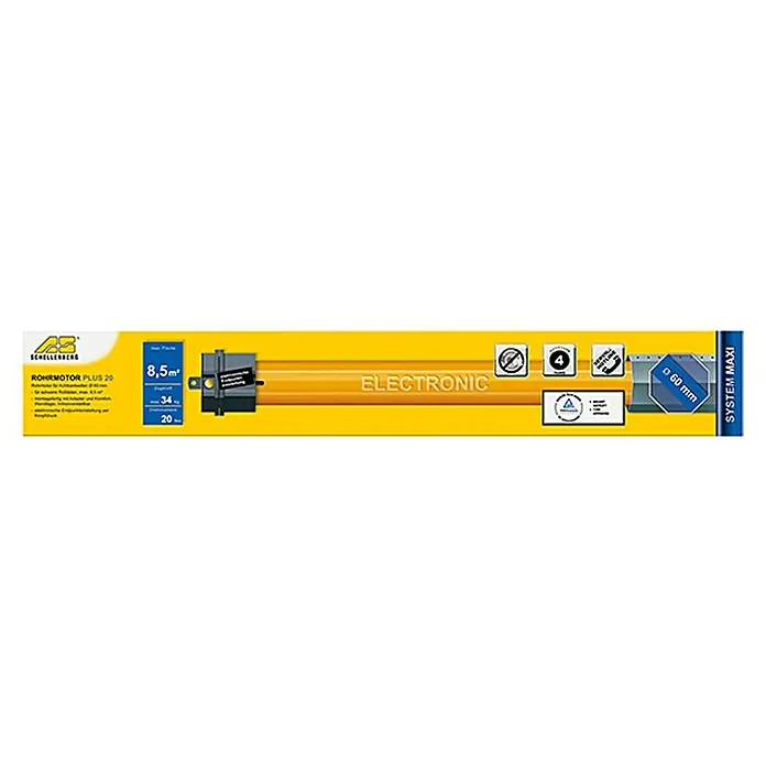 Schellenberg Rohrmotor Maxi Plus 20Max. Rollladenfläche: 8,5 m² bei Kunststoffrollläden, Einbaulänge: 555 mm, Zugkraft: 34 kg - Das Bild zeigt eine Verpackung für einen Schellenberg Rohrmotor Plus 20, ein elektronischer Rohrmotor für Rollläden mit bis zu 8,5m² Fläche.