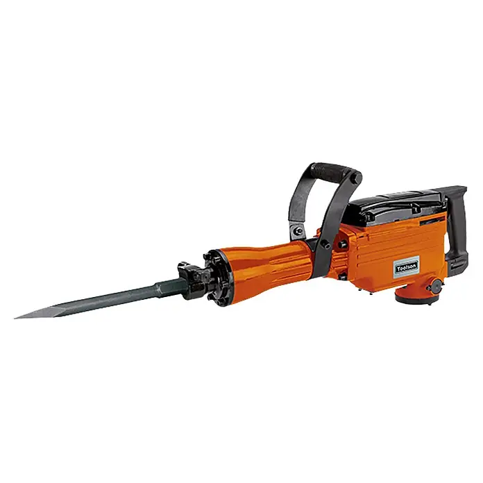 Toolson PRO Martillo demoledor AH 43 - 1.600 W, 43 J, Alojamiento SDS-Hex - Imagen de un martillo neumático naranja, una herramienta utilizada para romper hormigón y roca, con un largo accesorio de cincel.
