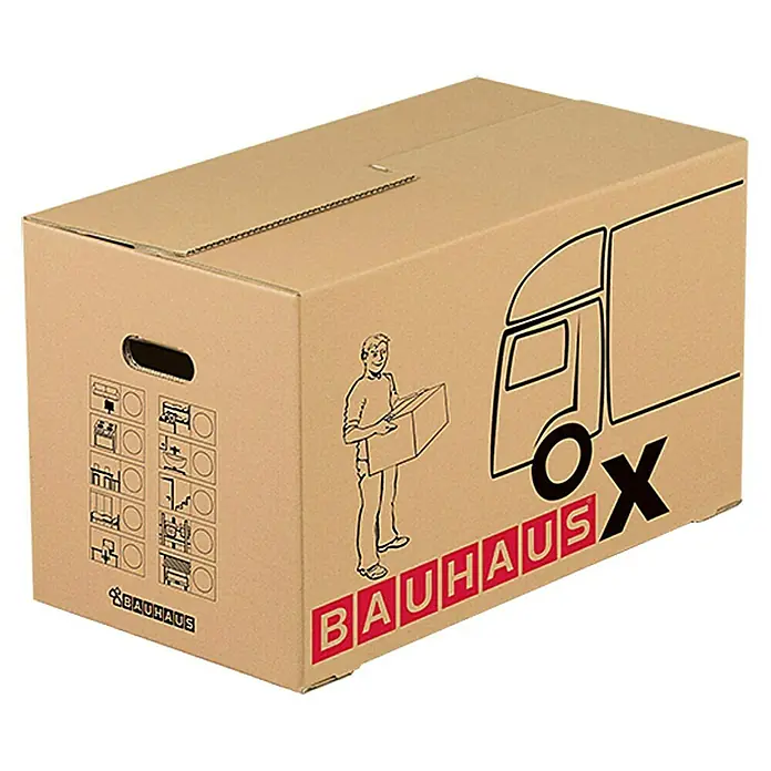 BAUHAUS Umzugskarton Multibox X - Traglast: 30 kg, 62,5 x 34,5 x 38 cm - Ein brauner Umzugskarton von Bauhaus mit Abbildungen.