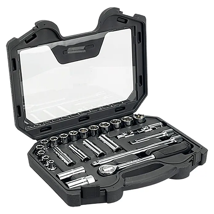 Alpha Tools Set de llaves de vaso WBL - 25 pzs., Tamaño de accionamiento: ½″ - Una caja de herramientas negra abierta con tapa transparente, llena de un surtido de vasos, extensiones y una llave de carraca.