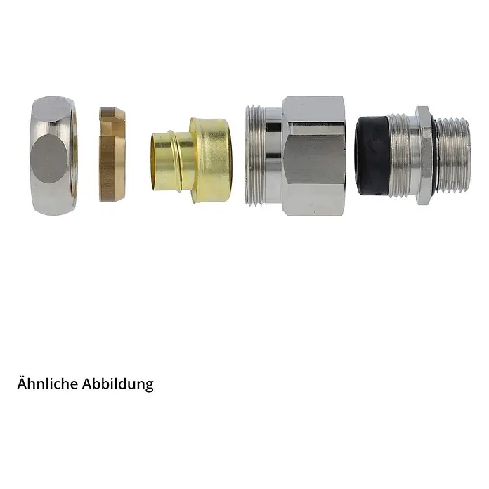 FLEXA USZ-M Metallverschraubung gerade Gewinde M25x1,5 für [DUP-10594] -  - Demontierte Metall- und Messing-Klemmfitting-Komponenten, bestehend aus Mutter, Klemmring, Pressfitting und Gewindeanschlüssen mit schwarzer Dichtung.