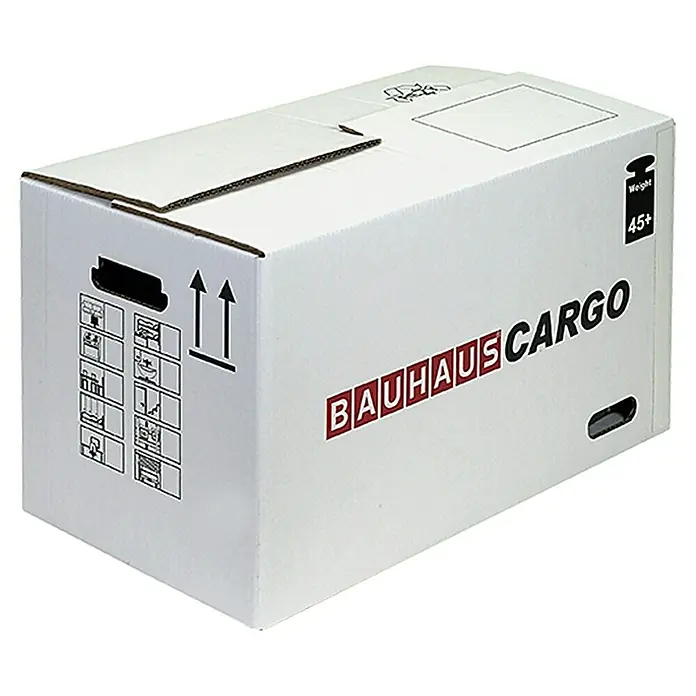 BAUHAUS Umzugskarton Cargo XXL - Traglast: 45 kg, L x B x H: 75,3 x 41,3 x 42,6 cm - Ein weißer "BAUHAUS CARGO" Karton, der zum Transport von schweren Gegenständen wie Möbeln und Geräten bestimmt ist.