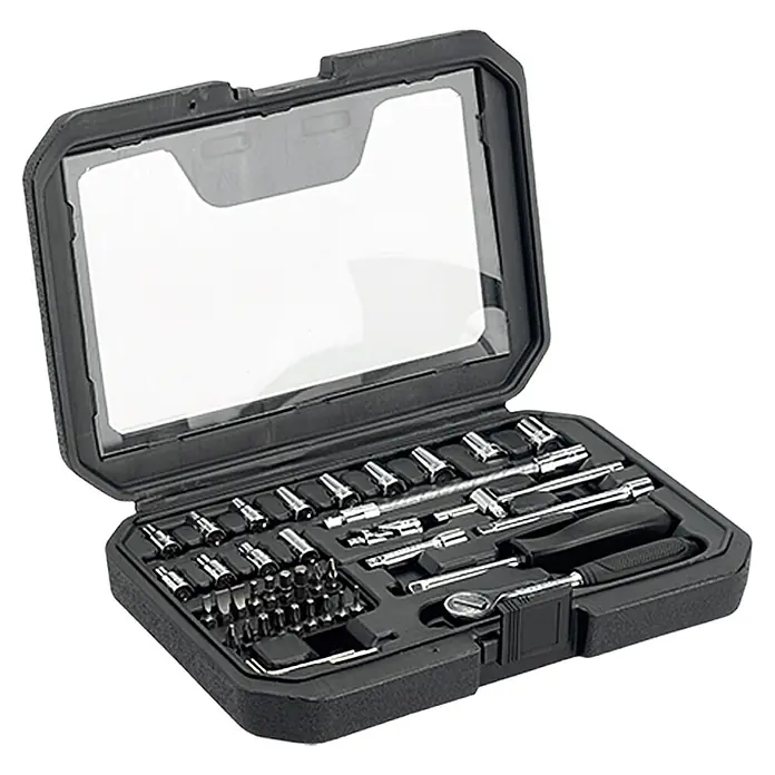 Alpha Tools Set de llaves de vaso WBL - 41 pzs., Tamaño de accionamiento: ¼″ - Una caja de herramientas abierta que muestra una variedad de herramientas, incluidos enchufes, destornilladores y un trinquete. Ideal para bricolaje.