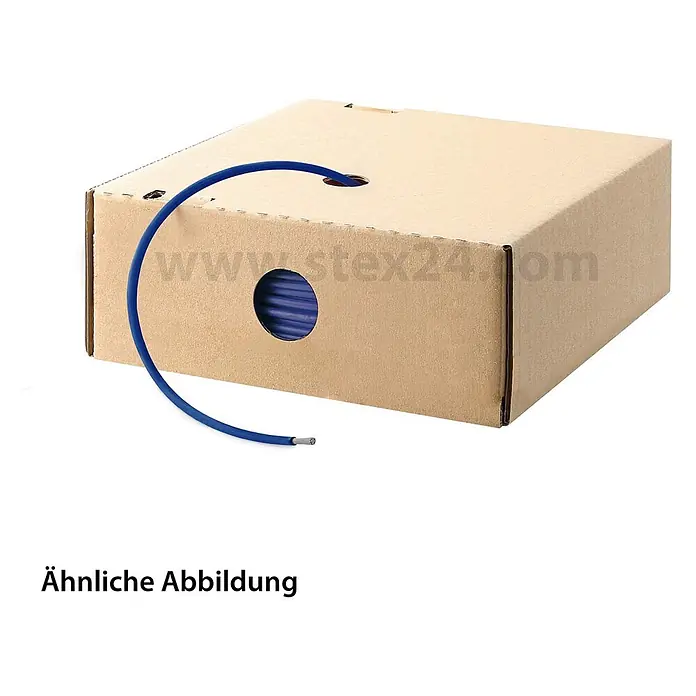 HELU KABEL FÜNFNORM 1X0,75 mm² AWG19 DBU - dunkelblau - Blaue elektrische Leitung auf Rolle in einer Karton-Spendebox.