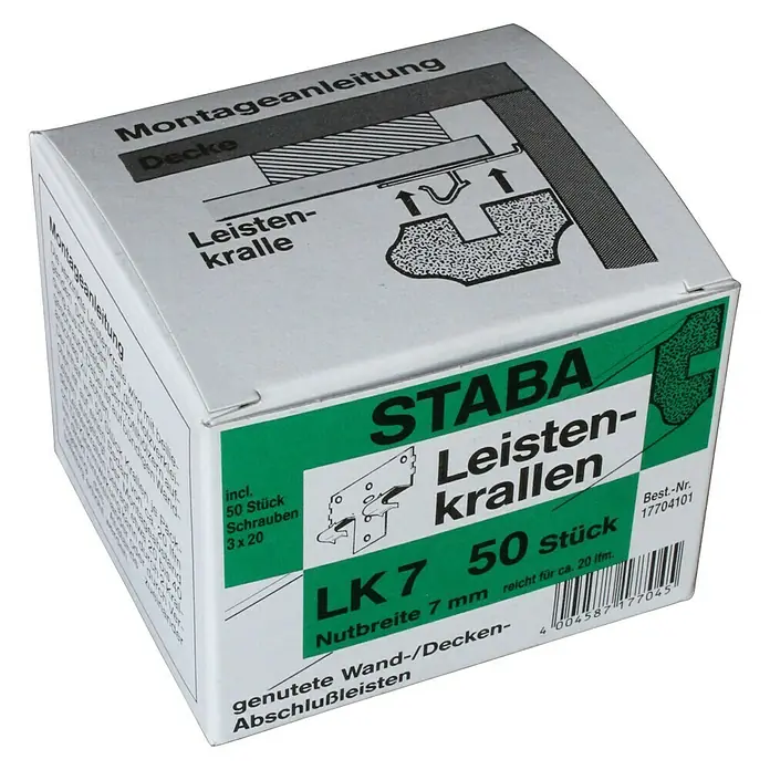 Staba Leistenkrallen LK 7 - Passend für: LOGOCLIC Deckenabschlussleisten, 50 Stk. - Produktbild einer Verpackung von STABA Leistenkrallen LK7, 50 Stück. Ideal zur Befestigung von Wand- und Deckenabschlussleisten.