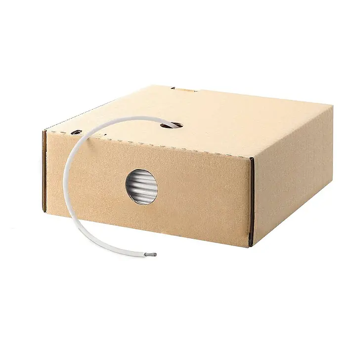 HELU KABEL FÜNFNORM 1X0,75 mm² AWG19 WH - weiß - Weißes Elektrokabel in einer braunen Karton-Spenderbox, mit einem herausgezogenen Stück Kabel.