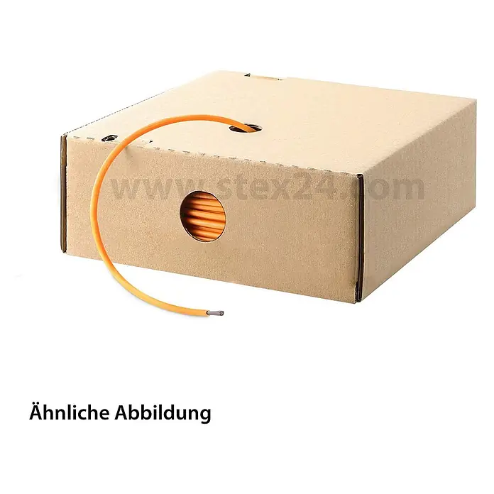 HELU KABEL FÜNFNORM 1X0,75 mm² AWG19 OG - orange - Oranges Elektrokabel in einer Kartonspenderbox, ein Kabelende ragt heraus.