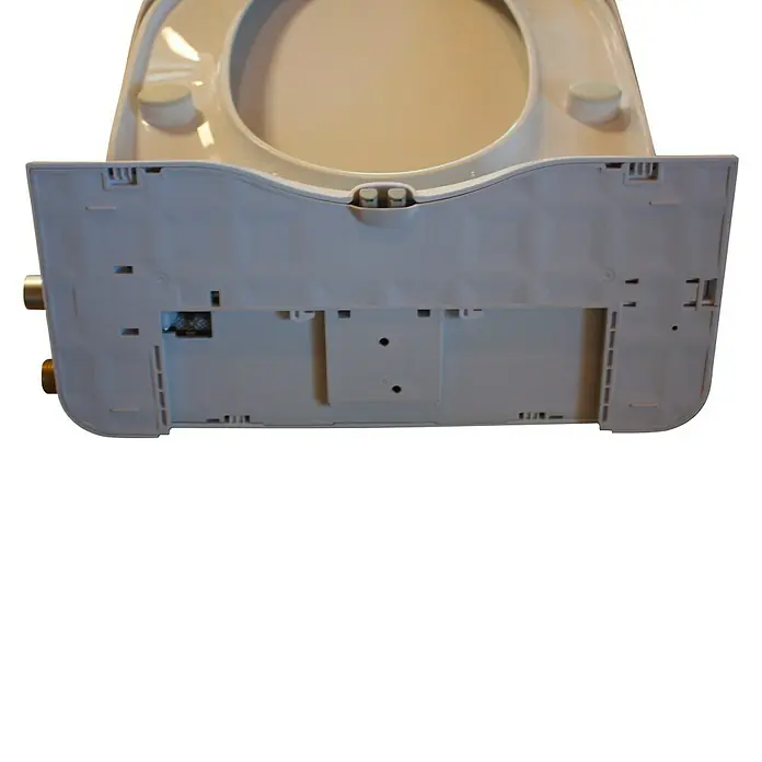 Dusch-WC-Sitz NB14 - Kunststoff, Weiß, Mit Absenkautomatik - Unterseite eines Bidet-Toilettensitzes in Beige- und Weißtönen. Die Unterseite zeigt Details wie Düsen und Montagepunkte.