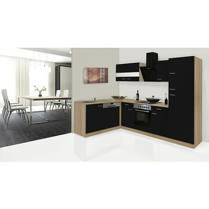 Respekta Cocina esquinera Merle - An x Pr: 280 x 172 cm, Negro, Con electrodomésticos, Volumen horno: 72 l - Cocina moderna en negro y aspecto de madera con detalles elegantes y armarios espaciosos. Ideal para cocinar y vivir con estilo.