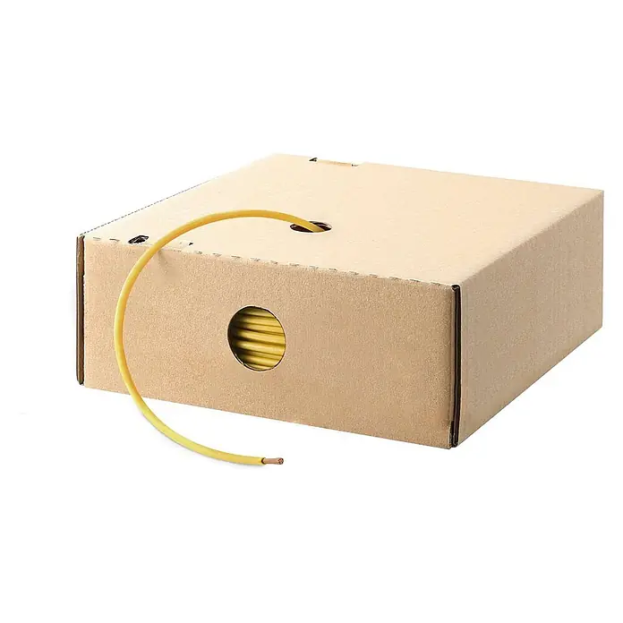 HELU KABEL (H)07V-K (X07V-K) 1X1,5 mm² YE - gelb - Gelbes Elektrokabel auf Spule in braunem Kartonspender, ein Kabelende herausgezogen.