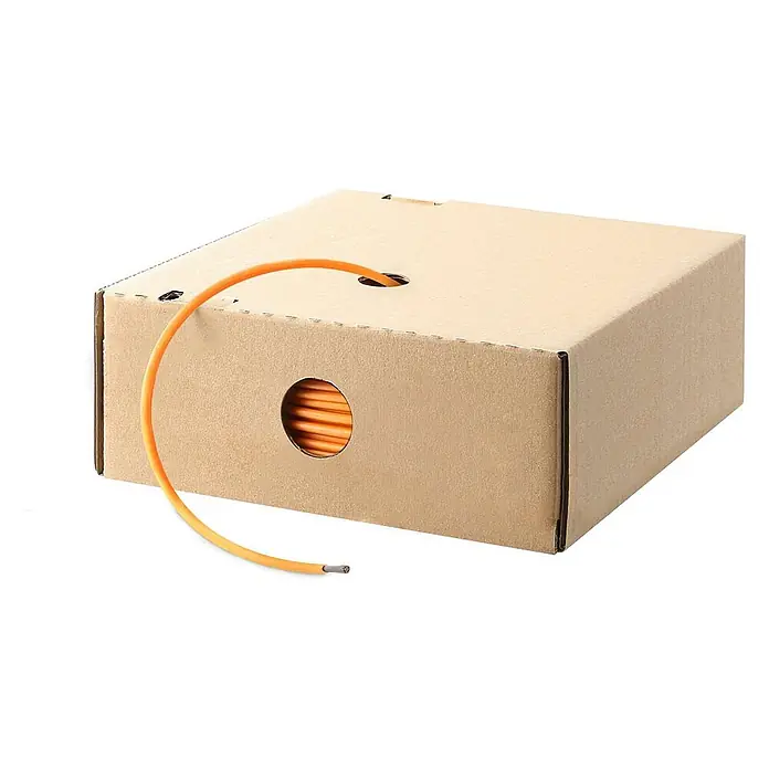 HELU KABEL FÜNFNORM 1X1 mm² AWG18 OG - orange - Oranges Elektrokabel in einer braunen Karton-Spenderbox, ein Stück Kabel ist herausgezogen.
