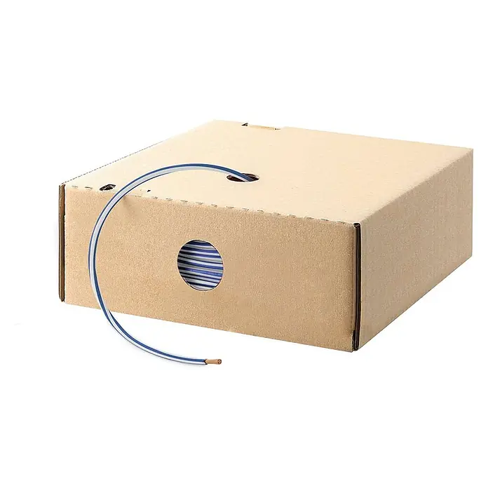 LAPP X07V-K 1X2,5 mm² DBUWH - dunkelblau/weiß - Blau-weiß gestreiftes Elektrokabel in einem braunen Kartonspender.