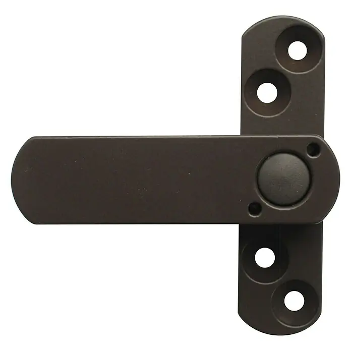 Bever Fenstersicherung Stuco Safe S20 - Einflügelig, Braun - Nahaufnahme eines braunen Fenstergriffs mit Befestigungslöchern für eine einfache und sichere Installation.