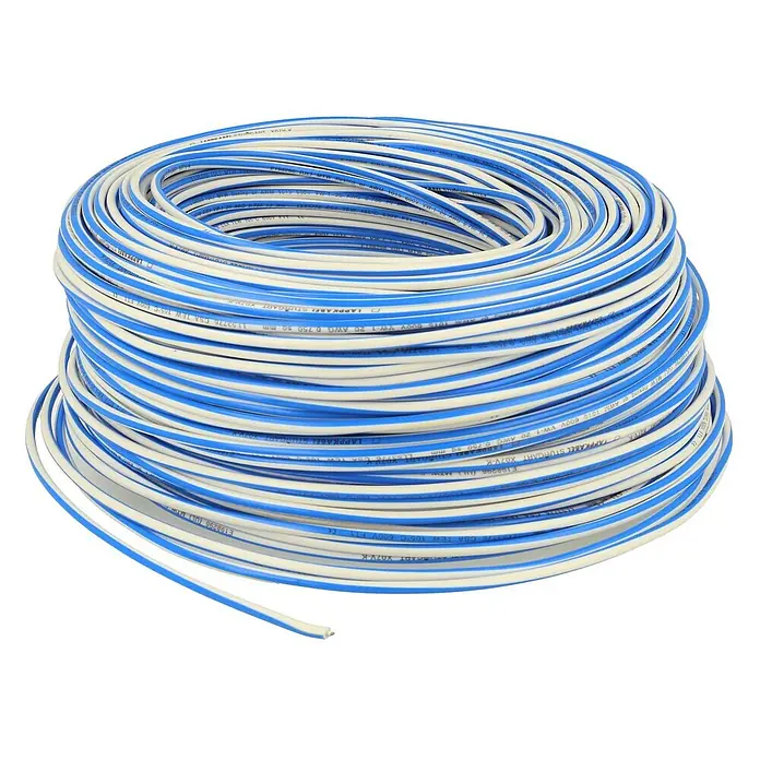 HELU KABEL FÜNFNORM 1X0,75 mm² AWG19 WHBU - weiß/blau - Große Rolle weißes Elektrokabel mit blauen Streifen.