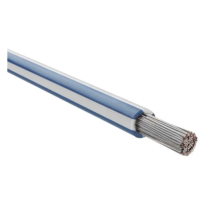 HELU KABEL FÜNFNORM 1X10 mm² AWG8 WHBU - weiß/blau - Blau-weiß gestreiftes Elektrokabel mit freiliegenden, mehradrigen Metallleitern.