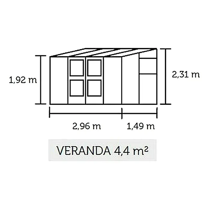 Juliana Gewächshaus Veranda - Außenmaß inkl. Dachüberstand (B x T): 296 x 149 cm, Material Seitenwand: Glas, 3 mm, Anthrazit - Abbildung eines Veranda-Grundrisses mit Maßangaben zu Länge und Höhe, ideal zur Planung und Visualisierung Ihres Bauprojekts.