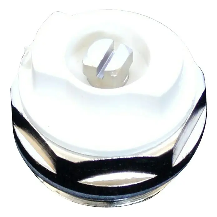 Entlüftungsstopfen - ½″ - Nahaufnahme eines Entlüftungsstopfens, bestehend aus einem weißen Gehäuse und einer silbernen Schraube, ideal für Heizungs- und Sanitäranwendungen.
