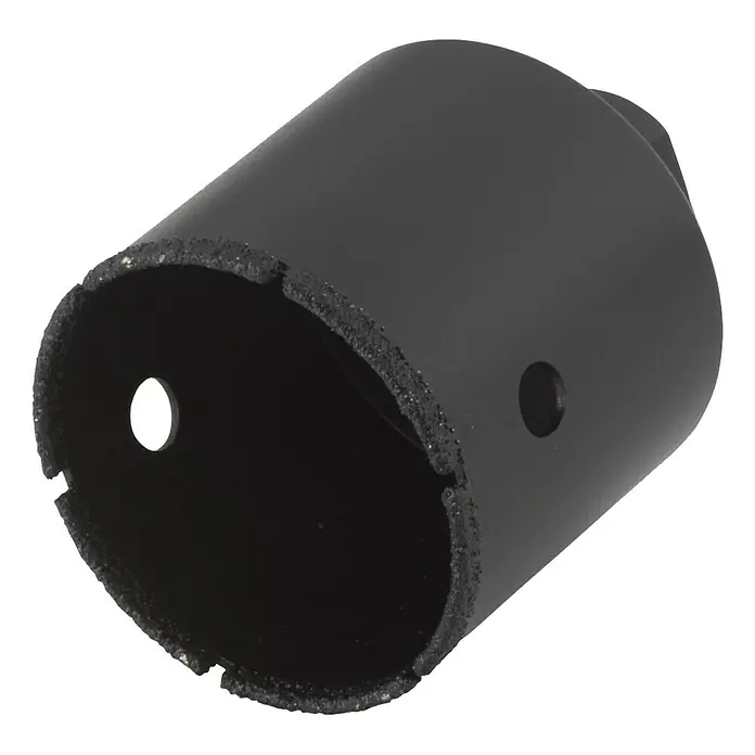 Wolfcraft Diamant-Lochsäge Ceramic Winkelschleifer - Durchmesser Bohrloch: 54 mm, Schnitttiefe: 45 mm, M14 Gewinde - Nahaufnahme einer schwarzen Diamant-Lochsäge, die für saubere und präzise Löcher in harten Materialien sorgt. Ideal für Heimwerker und Profis.