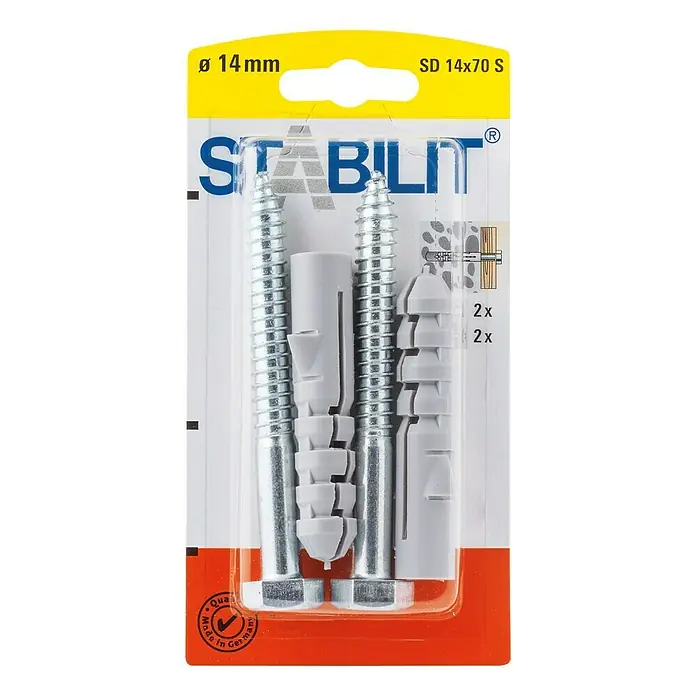 Stabilit Spreizdübel - Durchmesser Dübel: 14 mm, Länge Dübel: 70 mm, 2 Stk., Mit Schrauben - Eine Packung mit zwei Dübeln und zwei Schrauben der Marke Stabilit, geeignet für Befestigungen in Mauerwerk oder Beton.