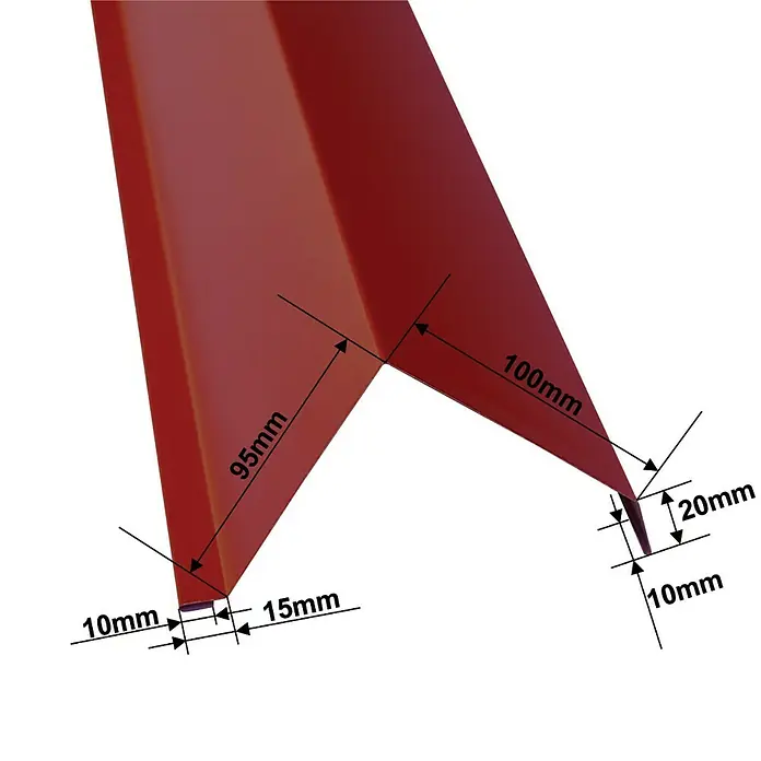 Metdach Kantenwinkel Ortgang - Rot, 100 cm, Stahl - Detailansicht eines roten Winkelblechs mit Maßangaben. Ideal für Bauprojekte, die präzise Abmessungen erfordern.