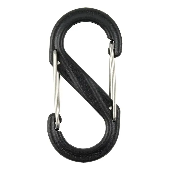 Nite Ize Mosquetón doble - 76 x 50 mm, Plástico, Negro, Carga soportada: 4,5 kg - Mosquetón S negro con cierres de resorte plateados. Ideal para conectar y organizar objetos.