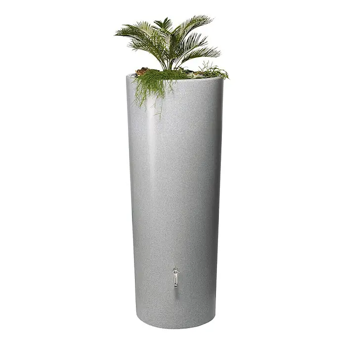 Garantia Modern Line Regenspeicher Stone 2 in 1 - 350 l, Silver - Stilvolle graue Regenspeichertonne mit Pflanzschale und Zapfhahn, ideal für Garten und Terrasse, zur nachhaltigen Wassernutzung.