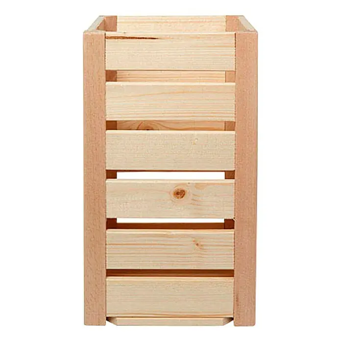 HolzZollhaus Holzkiste A 1/8 - 32 x 17,5 x 18 cm, Natur - Nahaufnahme einer rechteckigen Holzbox mit horizontalen Holzlatten und vertikalen Stützrahmen, ideal für Aufbewahrungslösungen.