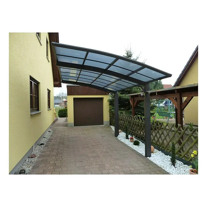 Ximax Carport Portoforte 110 - Außenmaß inkl. Dachüberstand (B x T): 2,7 x 4,95 m, Einzelcarport, Mattbraun, Schneelast: 137 kg/m² - Carport aus Metall und Glas mit gepflasterter Auffahrt. Das Carport bietet Schutz für Fahrzeuge vor Witterungseinflüssen.