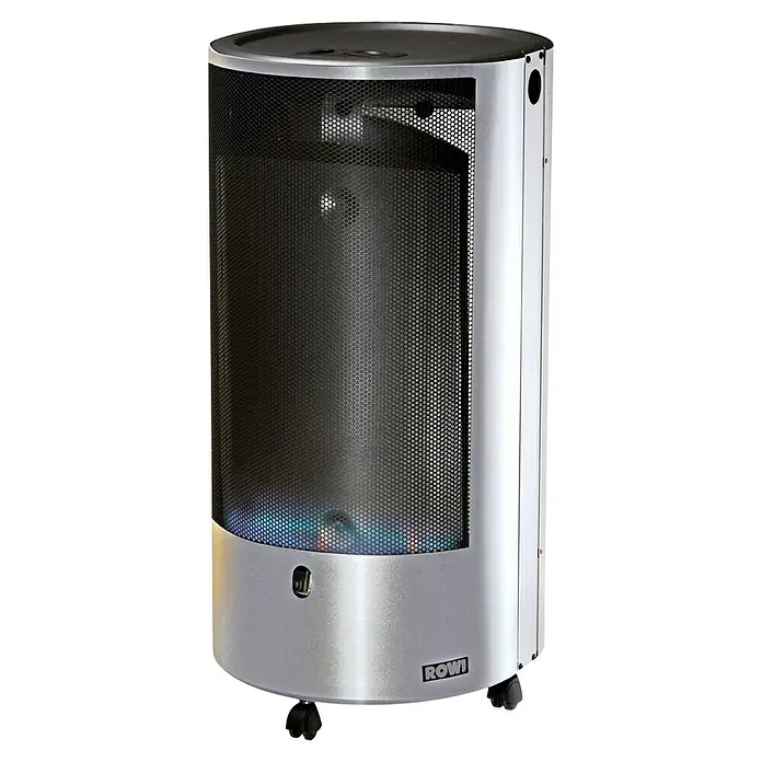 Gasheizer Blue Flame Premium+ - 4,2 kW, Mit Thermostat, Inox - Heizpilz ROWI mit Rollen, Silber. Der Heizstrahler für den Außenbereich mit Rollen für einfachen Transport.
