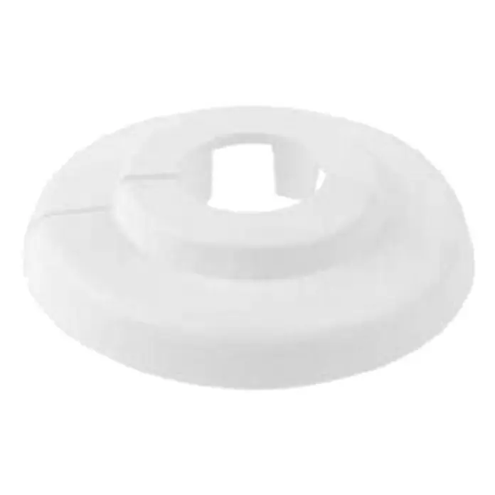 Abdeckrosette - 15 mm, Weiß - Eine weiße, kreisförmige Sanitärrohrabdeckung mit einer quadratischen Öffnung in der Mitte, ideal für Badezimmer- oder Küchenarmaturen.