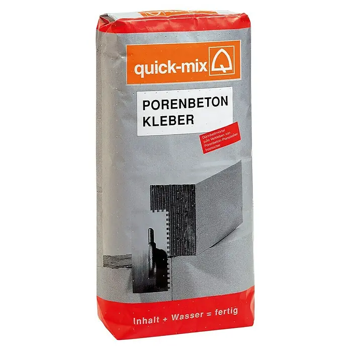 Quick-Mix Porenbetonkleber - 25 kg - Abbildung eines Sacks Quick-Mix PORENBETON KLEBER, einem Klebemörtel für Porenbeton-Plansteine, ideal für Bauprojekte.