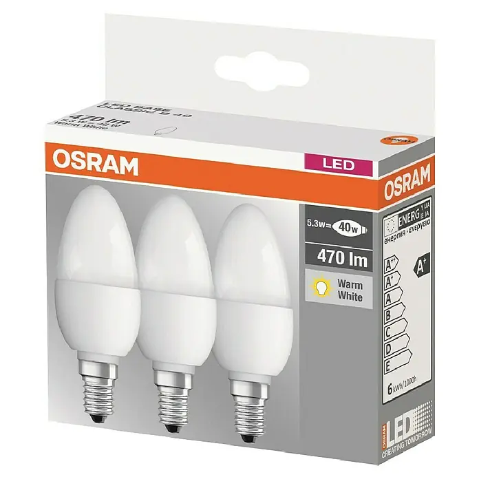 Osram Set de bombillas LED Classic B40 - E14, Blanco cálido, 470 lm, 5,3 W, 3 ud. - Paquete de bombillas LED OSRAM, base E14, 470 lúmenes, luz blanca cálida, clase de eficiencia energética A+. Ideal para iluminación ambiental.