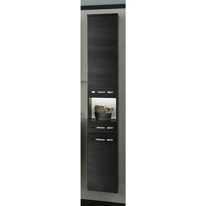 Camargue Star Hochschrank - 30,4 x 32,5 x 181,6 cm, Dark Oak, DIN Anschlag: Links - Ein hochformatiger, dunkler Badschrank mit Holzstruktur, offenen Fach mit Deko und zwei Schubladen mit Griffen.