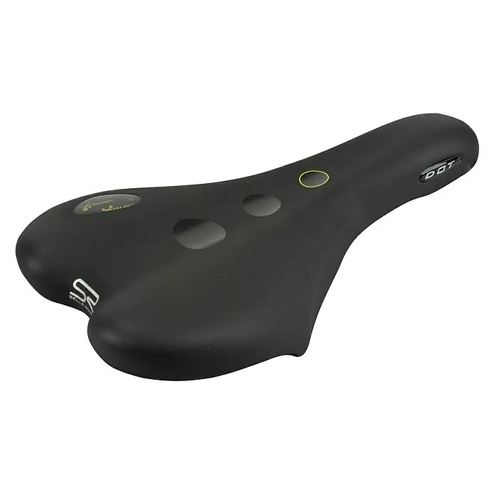 Selle Royal Gel-SattelGeeignet für: Herren-Trekking-Räder - Nahaufnahme eines schwarzen DOT-Fahrradsattels, der Komfort und Stil für Radfahrer bietet. Sein ergonomisches Design sorgt für bequeme Fahrten.