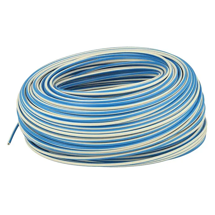 HELU KABEL FÜNFNORM 1X1,5 mm² AWG19 WHBU - weiß/blau - Geringeltes blau-weiß gestreiftes Elektrokabel mit Kunststoffisolierung.