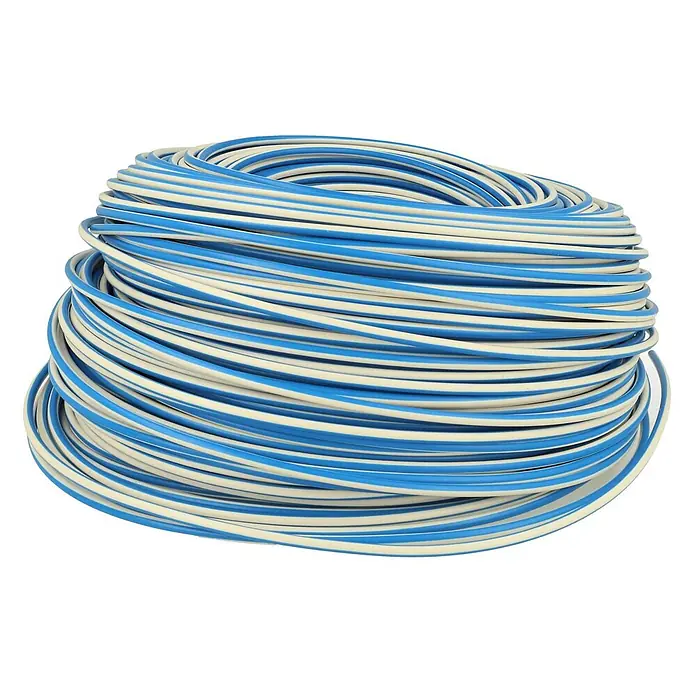 HELU KABEL FÜNFNORM 1X1,5 mm² AWG19 WHBU - weiß/blau - Aufgerolltes blau-beiges Elektrokabel.