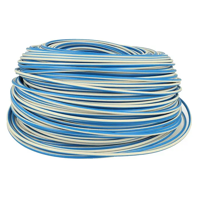 HELU KABEL FÜNFNORM 1X1,5 mm² AWG19 WHBU - weiß/blau - Große Rolle blau-cremefarbenes Elektrokabel, bereit zur Verwendung.