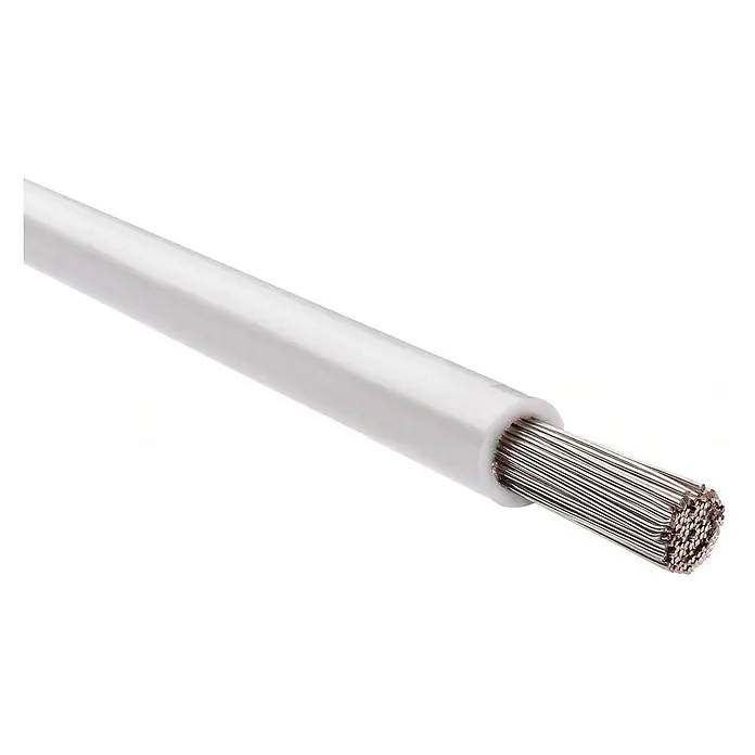 HELU KABEL FÜNFNORM 1X6 mm² AWG10 DBU - dunkelblau - Weißes Elektrokabel mit vielen freiliegenden, silberfarbenen Litzen am abisolierten Ende.