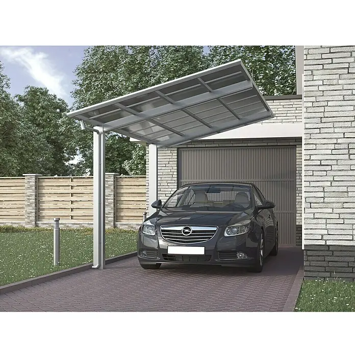 Ximax Carport LINEA 80 - Außenmaß inkl. Dachüberstand (B x T): 2,73 x 4,95 m, Einzelcarport, Edelstahloptik - Carport mit einem grauen Auto darunter. Der Carport schützt das Auto vor Witterungseinflüssen und bietet einen sicheren Stellplatz.