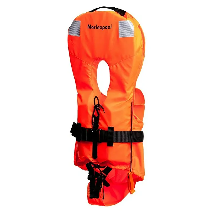 Marinepool Rettungsweste Freedom ISO Baby - 5 kg - 10 kg, 100 N, Orange - Eine orangefarbene Marinepool-Schwimmweste mit schwarzen Gurten, einem Griff und reflektierenden Details für Sicherheit auf dem Wasser.